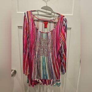 V Cristina Multicolor Stripe Embellished Tunic Top Rhinestone Boho Festival M